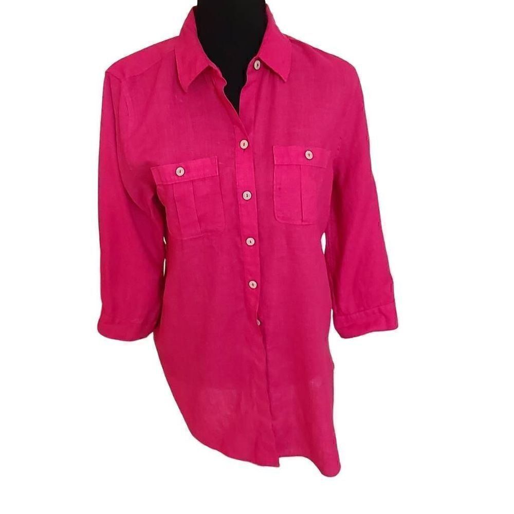 Chicos Womens No Iron Long Sleeve Button Front Tunic Top Pink Small